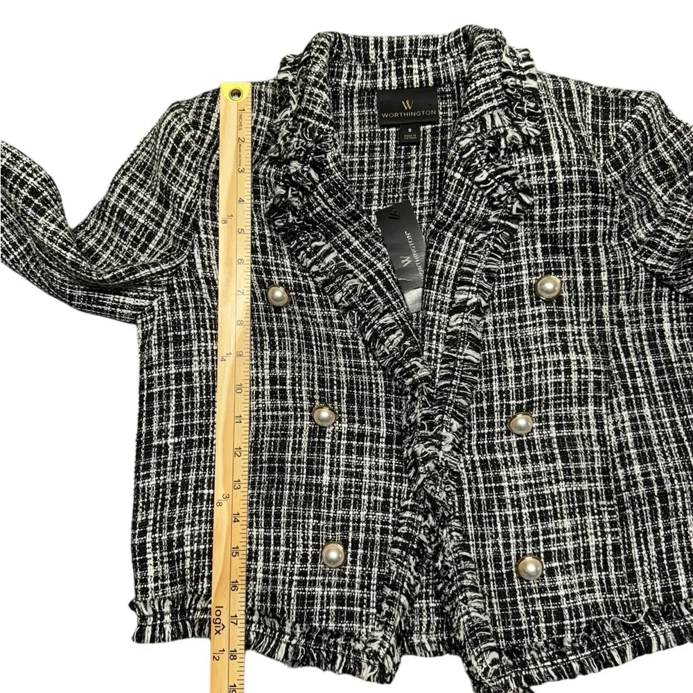 Worthington Tweed Blazer Jacket Womens Size Small NWT Ruffled Black White Career